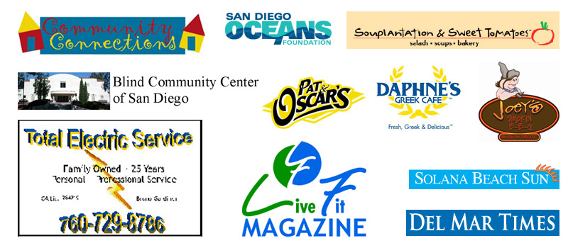 Del Mar TV Sponsors include: Community Connections, San Diego Oceans Foundation, Souplantation & Sweet Tomatoes Restaurant, The Blind Community Center of San Diego, Pat & Oscars Restaurant, Daphne's Greek Cafe, Joey's Smokin' BBQ, Total Electric Service, Live Fit Magazine, Solana Beach Sun, and the Del Mar Times